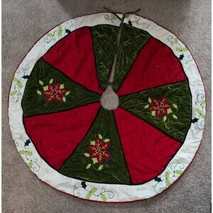 50" Poinsettia Velvet Sateen Pierced Quilted Embroidered Christmas Tree Skirt